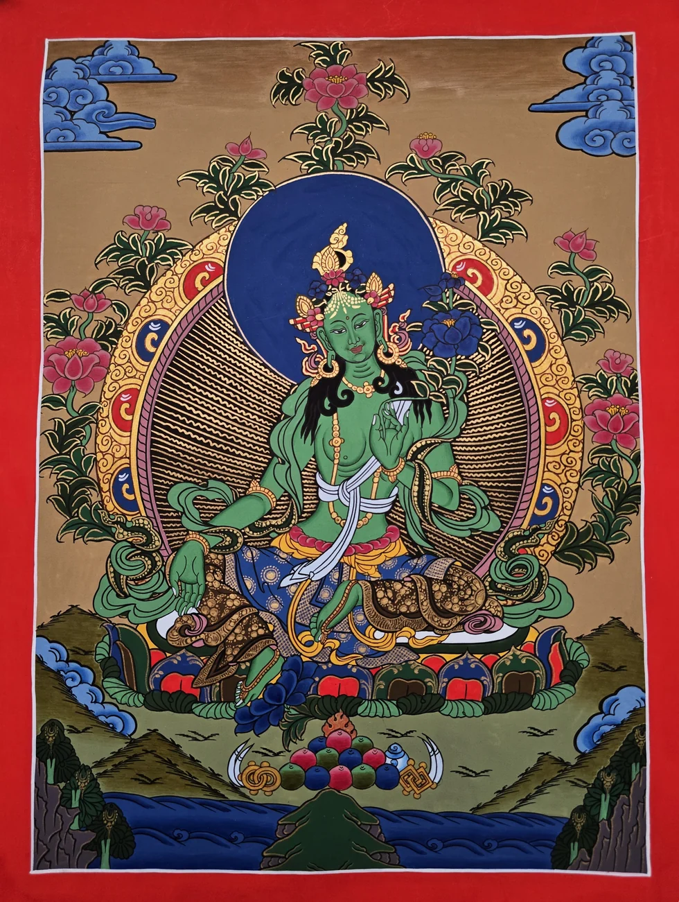 Green Tara Thangka – Hand-Painted Tibetan Buddhist Art | Meditation & Protection Wall Decor